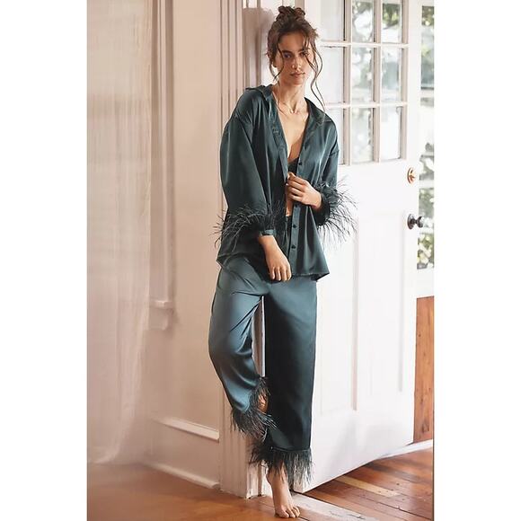 Hutch Women's Long-Sleeve Feather-Trim Pajama Set in Dark Green Size Small NWOT - Picture 1 of 15